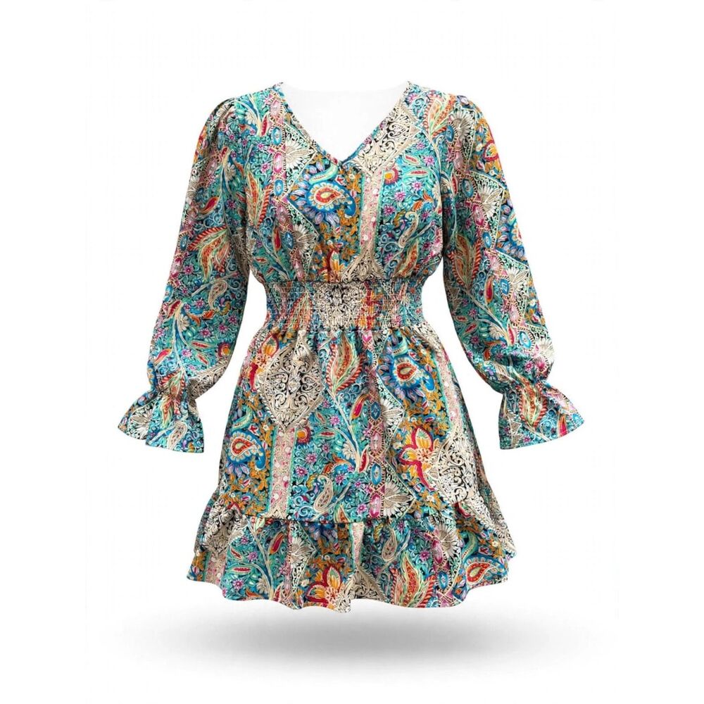 Beautiful Teal Multi Paisley Long-Sleeve Dress L